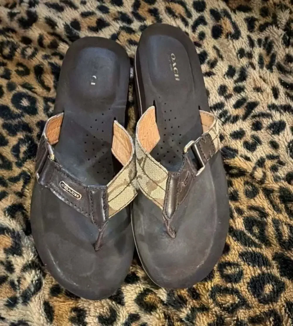 Coach Brown Signature Canvas Thong Wedge Sandals Flip Flops